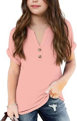 الفتاة قصيرة الأكمام Henley Neckt Button V Vist Tunic Blouse Block Basic Tees Tops 5-14 Years in Kuwait