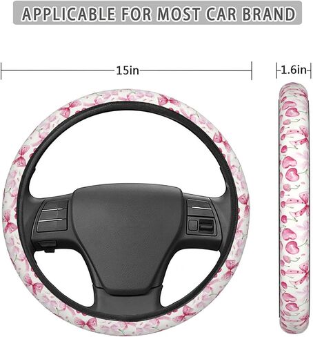 Pink Bows Cherries Car Steering Wheel Cover Auto Steering Wheel Protector Anti-Slip Elasticity and Breathable Car Accessories Universal 15 Inch for Cars SUV Sedan Vans Trucks in Kuwait