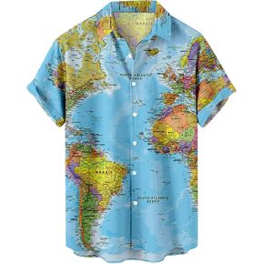 Men's Button Down Hawaiian Shirts Shorts Sleeve Summer Tops for Men World Map Print Fashion 2024 T Shirt Tees in Kuwait
