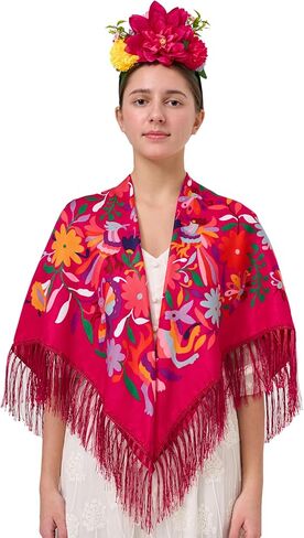 YHDDYG 2 Pcs Frida khalo Fuchsia Flower Headband and Women’s Tassel Shawl Wrap Mexican Style Ethnic Shawl Party N3 in Kuwait