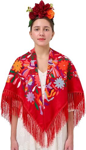 YHDDYG 2 Pcs Frida khalo Fuchsia Flower Headband and Women’s Tassel Shawl Wrap Mexican Style Ethnic Shawl Party N3 in Kuwait