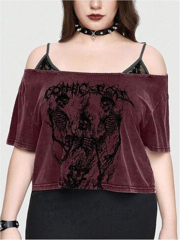 Soly Hux Women's Plus Goth Goth Conder Thirtts Tees Graphic Tees Short Soulde Brose Tops in Saudi Arabia