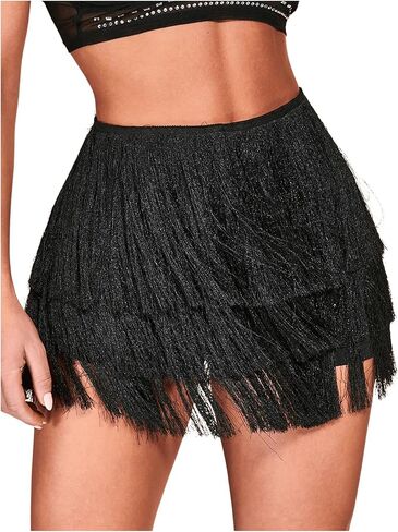 MakeMeChic Women's Fringe Trim Shorts Tiered Layer Tassle Elastic Waist A Line Beach Skorts in Saudi Arabia