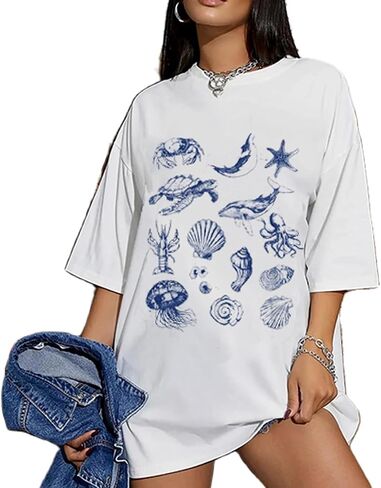 Oversized Graphic Tees for Women Y2k Short Sleeve Ocean/Shark Baggy Shirt Cute Crewneck Aesthetic Preppy Clothes in Saudi Arabia