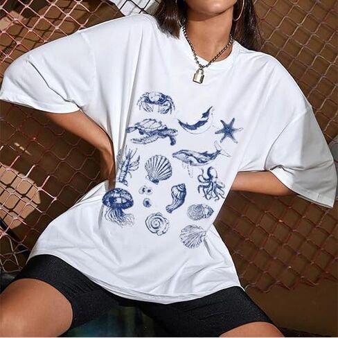 Oversized Graphic Tees for Women Y2k Short Sleeve Ocean/Shark Baggy Shirt Cute Crewneck Aesthetic Preppy Clothes in Saudi Arabia