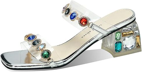 Women's Clear Slip-On Block Heel Sandals Square Open Toe Fashion Rhinestone Backless Mules for Prom Wedding Party Dress Shoes in Kuwait