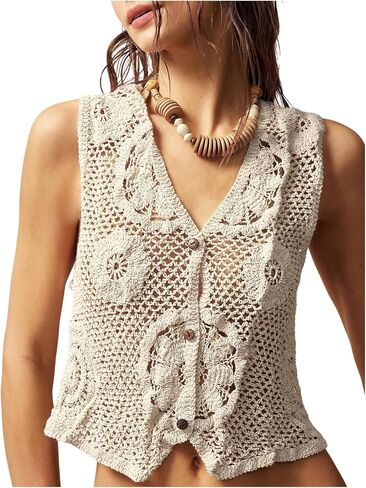 SweatyRocks Women's Sleeveless Crochet Top Knit Hollow Out Button Down Summer Boho Sweater Vest in Saudi Arabia