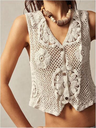 SweatyRocks Women's Sleeveless Crochet Top Knit Hollow Out Button Down Summer Boho Sweater Vest in Saudi Arabia