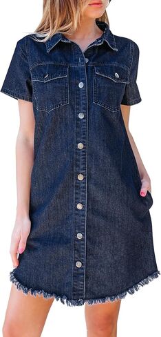 luvamia Denim Dresses for Women Distressed Summer Short Sleeve Button Down Collared Raw Hem Jean Shirt Dress with Pocket in Saudi Arabia