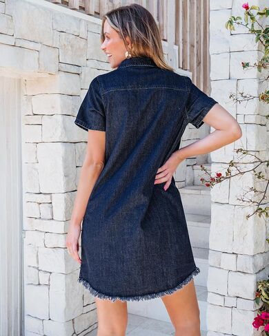 luvamia Denim Dresses for Women Distressed Summer Short Sleeve Button Down Collared Raw Hem Jean Shirt Dress with Pocket in Saudi Arabia
