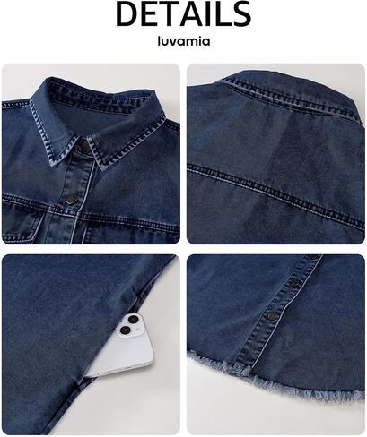 luvamia Denim Dresses for Women Distressed Summer Short Sleeve Button Down Collared Raw Hem Jean Shirt Dress with Pocket in Saudi Arabia