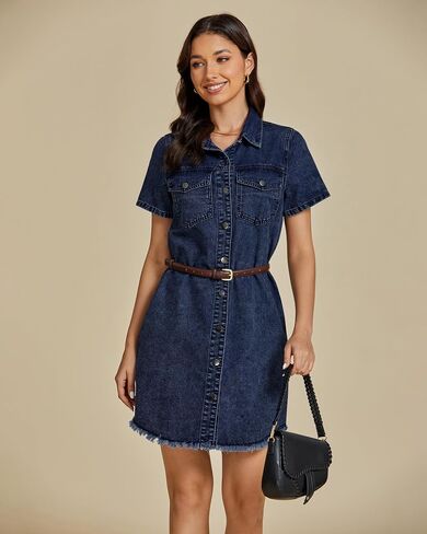 luvamia Denim Dresses for Women Distressed Summer Short Sleeve Button Down Collared Raw Hem Jean Shirt Dress with Pocket in Saudi Arabia