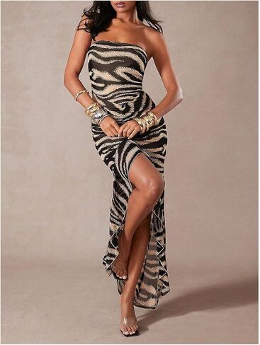 GORGLITTER Women's Animal Print Strapless Bodycon Maxi Dress Mesh Ruched Ruffle Cocktail Graduation Tube Long Dresses in Kuwait