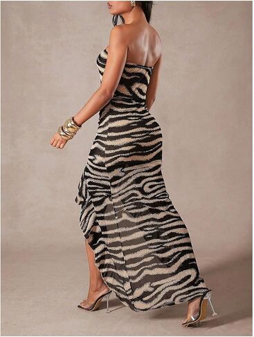 GORGLITTER Women's Animal Print Strapless Bodycon Maxi Dress Mesh Ruched Ruffle Cocktail Graduation Tube Long Dresses in Kuwait