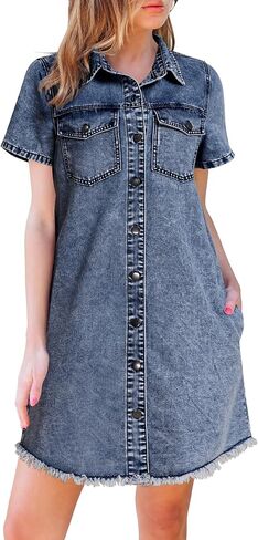 luvamia Denim Dresses for Women Distressed Summer Short Sleeve Button Down Collared Raw Hem Jean Shirt Dress with Pocket in Saudi Arabia