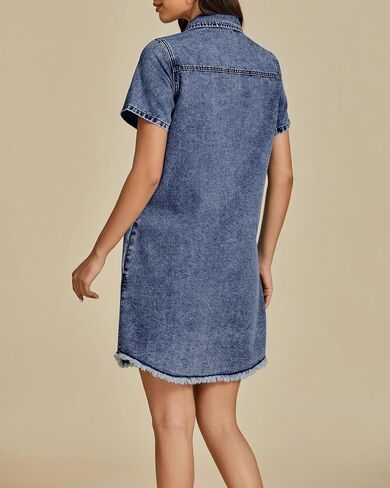 luvamia Denim Dresses for Women Distressed Summer Short Sleeve Button Down Collared Raw Hem Jean Shirt Dress with Pocket in Saudi Arabia