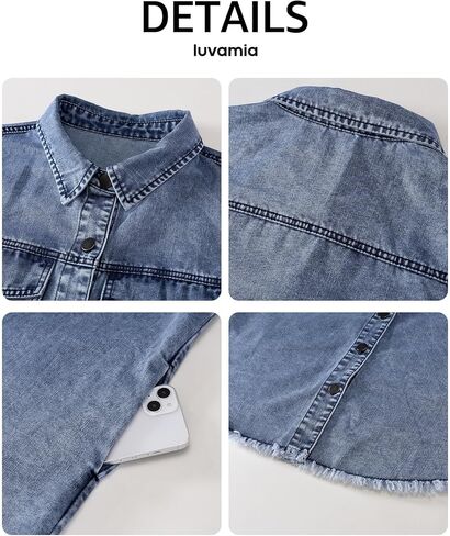 luvamia Denim Dresses for Women Distressed Summer Short Sleeve Button Down Collared Raw Hem Jean Shirt Dress with Pocket in Saudi Arabia