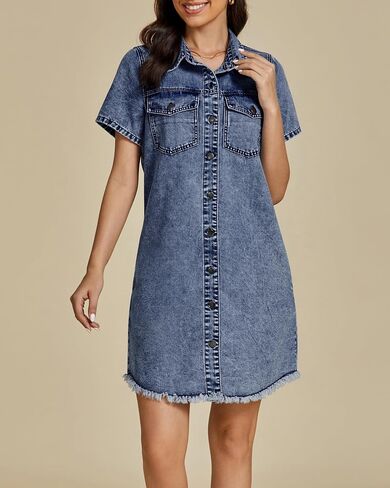 luvamia Denim Dresses for Women Distressed Summer Short Sleeve Button Down Collared Raw Hem Jean Shirt Dress with Pocket in Saudi Arabia
