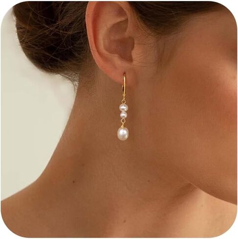 Freekiss Pearl Drop Earrings for Women Trendy: Bridal Wedding Earring Set 14K Gold Plated Dangle Elegant Earrings Non Tarnish Waterproof Dainty Jewelry for Women Mother's Day Gifts in Kuwait