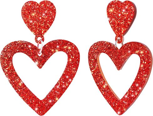 Glitter Heart Earrings Acrylic Double Heart Dangle Earrings for Women Mother Valentines Jewelry Gift for Girlfriend Wife Sister in Saudi Arabia