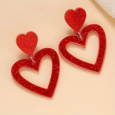 Glitter Heart Earrings Acrylic Double Heart Dangle Earrings for Women Mother Valentines Jewelry Gift for Girlfriend Wife Sister in Saudi Arabia