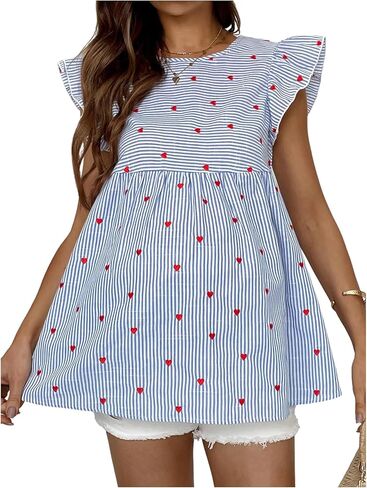 Makemechic المرأة البلوزات الأمومة قميص الحمل مخطط طباعة الكشكش أكمام الصيف peplum أعلى in Saudi Arabia