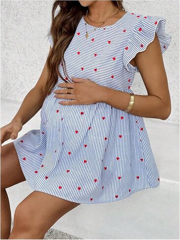 Makemechic المرأة البلوزات الأمومة قميص الحمل مخطط طباعة الكشكش أكمام الصيف peplum أعلى in Saudi Arabia