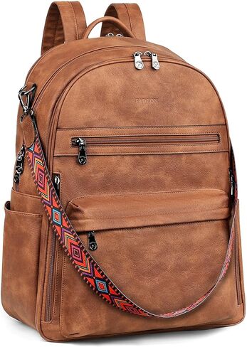 FADEON 15.6 محفظة حقيبة الظهر المحمول للنساء Pu Leather Computer Bag Desingner Travel Back Pack مع مقصورة الكمبيوتر المحمول البني in Kuwait