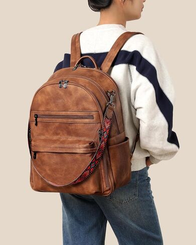 FADEON 15.6 محفظة حقيبة الظهر المحمول للنساء Pu Leather Computer Bag Desingner Travel Back Pack مع مقصورة الكمبيوتر المحمول البني in Kuwait