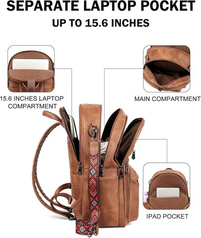 FADEON 15.6 محفظة حقيبة الظهر المحمول للنساء Pu Leather Computer Bag Desingner Travel Back Pack مع مقصورة الكمبيوتر المحمول البني in Kuwait