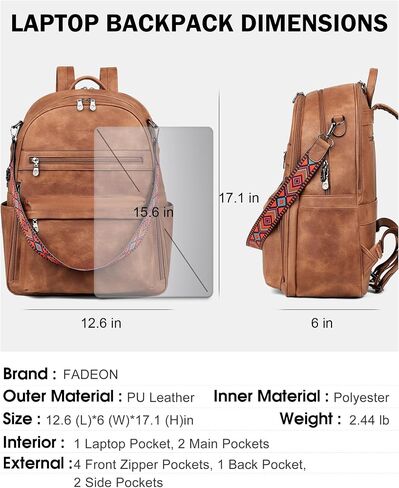 FADEON 15.6 محفظة حقيبة الظهر المحمول للنساء Pu Leather Computer Bag Desingner Travel Back Pack مع مقصورة الكمبيوتر المحمول البني in Kuwait