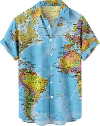 Men's Button Down Hawaiian Shirts Shorts Sleeve Summer Tops for Men World Map Print Fashion 2024 T Shirt Tees in Kuwait