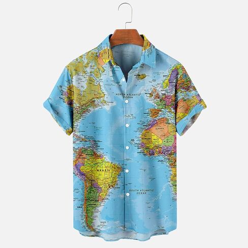 Men's Button Down Hawaiian Shirts Shorts Sleeve Summer Tops for Men World Map Print Fashion 2024 T Shirt Tees in Kuwait