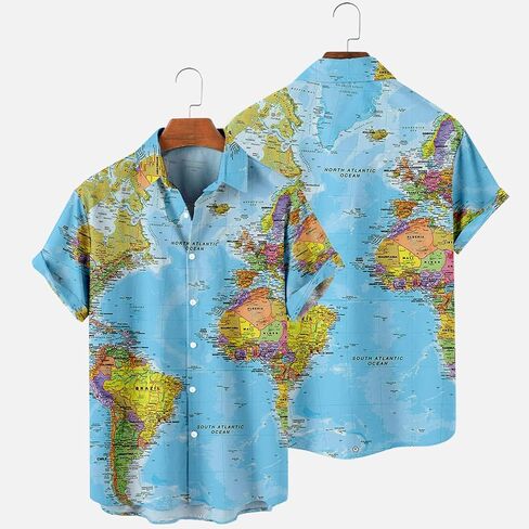 Men's Button Down Hawaiian Shirts Shorts Sleeve Summer Tops for Men World Map Print Fashion 2024 T Shirt Tees in Kuwait