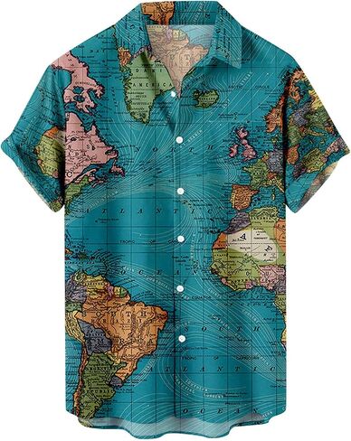 Men's Button Down Hawaiian Shirts Shorts Sleeve Summer Tops for Men World Map Print Fashion 2024 T Shirt Tees in Saudi Arabia