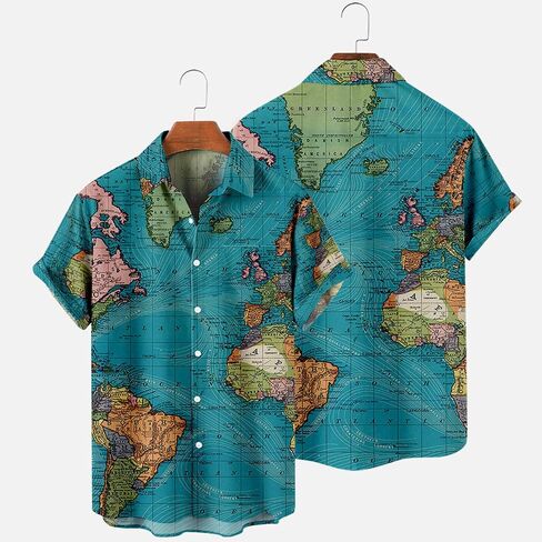 Men's Button Down Hawaiian Shirts Shorts Sleeve Summer Tops for Men World Map Print Fashion 2024 T Shirt Tees in Saudi Arabia