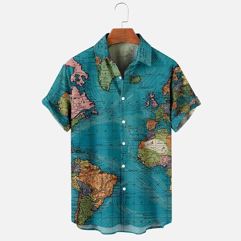 Men's Button Down Hawaiian Shirts Shorts Sleeve Summer Tops for Men World Map Print Fashion 2024 T Shirt Tees in Saudi Arabia