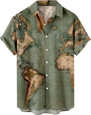 Men's Button Down Hawaiian Shirts Shorts Sleeve Summer Tops for Men World Map Print Fashion 2024 T Shirt Tees in Saudi Arabia