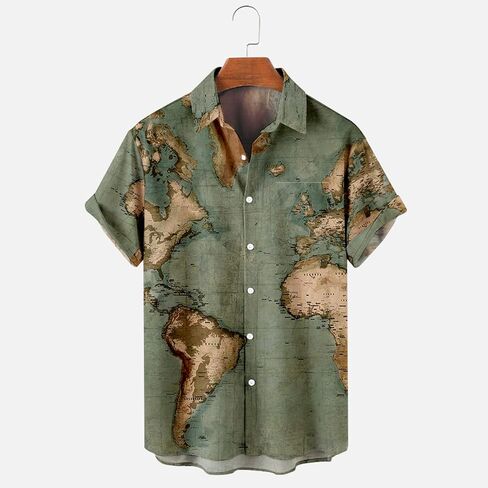 Men's Button Down Hawaiian Shirts Shorts Sleeve Summer Tops for Men World Map Print Fashion 2024 T Shirt Tees in Saudi Arabia