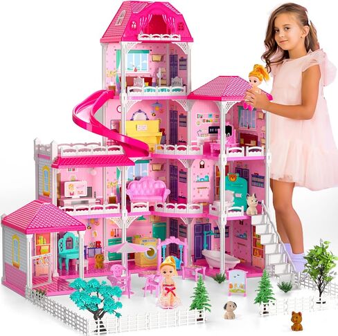 Dollhouses, Dreamhome Furniture Pink Girl Toys, 2 Stories 3 Rooms Dollshouse with 2 Princesses Slide Accessories, Toddler Playhouse Gift for for 3 4 5 6 7 8 9 10 Year Old Girls Toys in Saudi Arabia