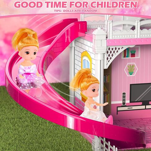 Dollhouses, Dreamhome Furniture Pink Girl Toys, 2 Stories 3 Rooms Dollshouse with 2 Princesses Slide Accessories, Toddler Playhouse Gift for for 3 4 5 6 7 8 9 10 Year Old Girls Toys in Saudi Arabia
