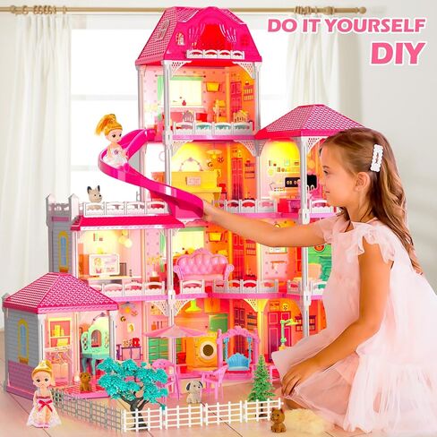 Dollhouses, Dreamhome Furniture Pink Girl Toys, 2 Stories 3 Rooms Dollshouse with 2 Princesses Slide Accessories, Toddler Playhouse Gift for for 3 4 5 6 7 8 9 10 Year Old Girls Toys in Saudi Arabia