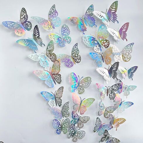 72PCS Silver Butterfly Wall Sticker Decal 3D Metallic Art Butterfly Mural Decoration DIY Flying Stickers for Kids Bedroom Home Party Cake Nursery Classroom Offices Décor (Silver) in Saudi Arabia