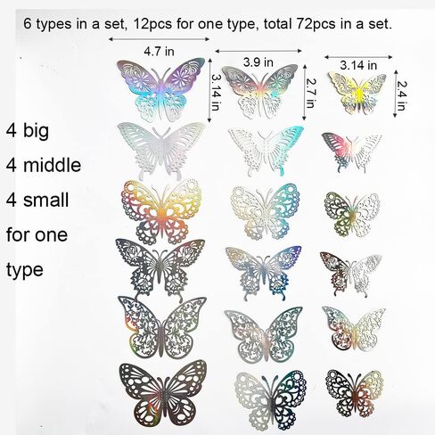 72PCS Silver Butterfly Wall Sticker Decal 3D Metallic Art Butterfly Mural Decoration DIY Flying Stickers for Kids Bedroom Home Party Cake Nursery Classroom Offices Décor (Silver) in Saudi Arabia
