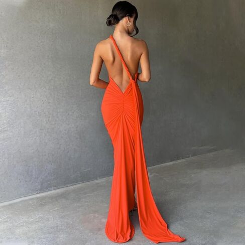 Women's Sexy Backless Dress One Shoulder Maxi Elegant Ruched O Ring Sleeveless Evening Dress Formal Gown Cocktail Dress in Kuwait