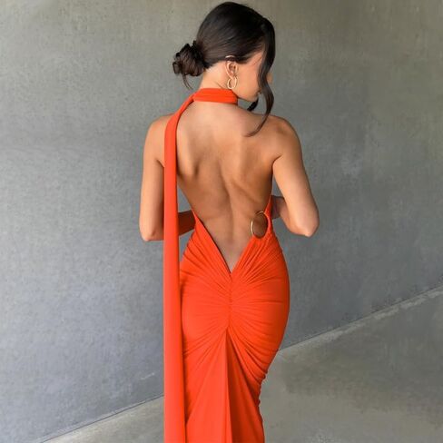 Women's Sexy Backless Dress One Shoulder Maxi Elegant Ruched O Ring Sleeveless Evening Dress Formal Gown Cocktail Dress in Kuwait
