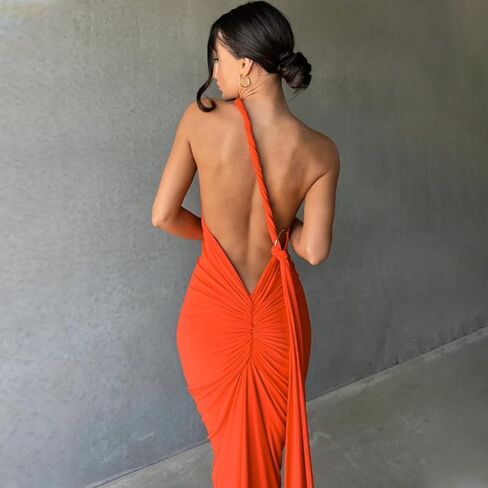 Women's Sexy Backless Dress One Shoulder Maxi Elegant Ruched O Ring Sleeveless Evening Dress Formal Gown Cocktail Dress in Kuwait
