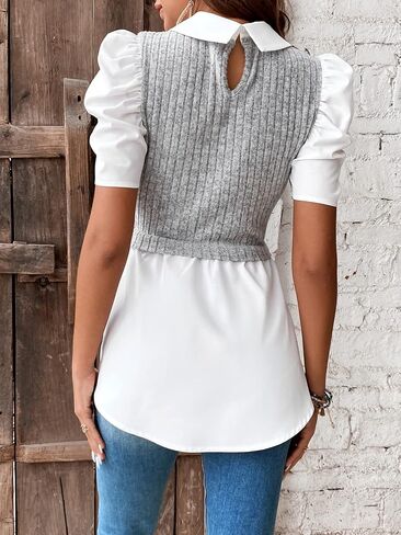 WDIRARA Women's Color Block Ribbed Knit Sweater Shirts Puff Short Sleeve Button Front Casual Collared Tops in Saudi Arabia