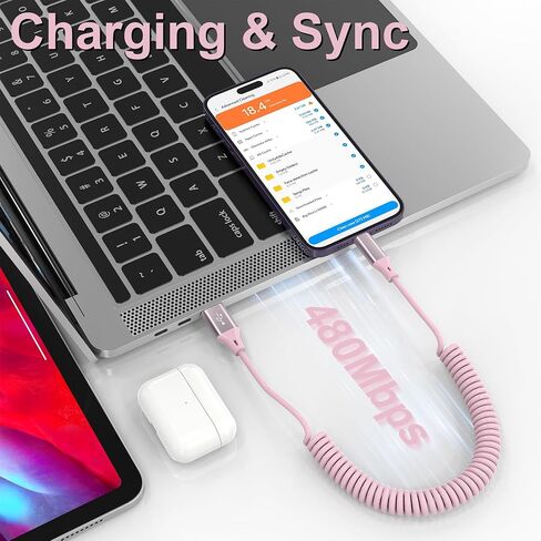 كابل iPhone Lightning ملفوف [معتمد من MFi]، كابل Apple CarPlay مع مزامنة البيانات، كابل شاحن iPhone قصير ملفوف للسيارة، وردي in Saudi Arabia