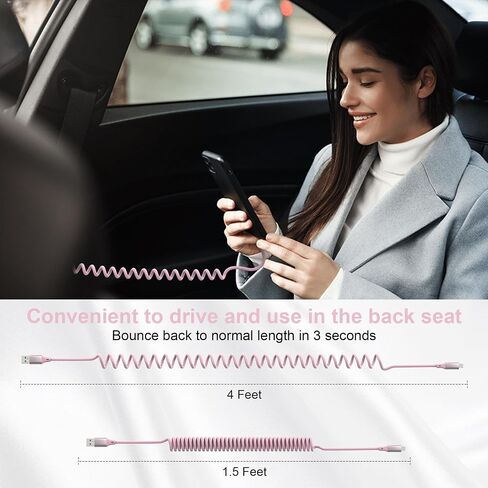 كابل iPhone Lightning ملفوف [معتمد من MFi]، كابل Apple CarPlay مع مزامنة البيانات، كابل شاحن iPhone قصير ملفوف للسيارة، وردي in Saudi Arabia
